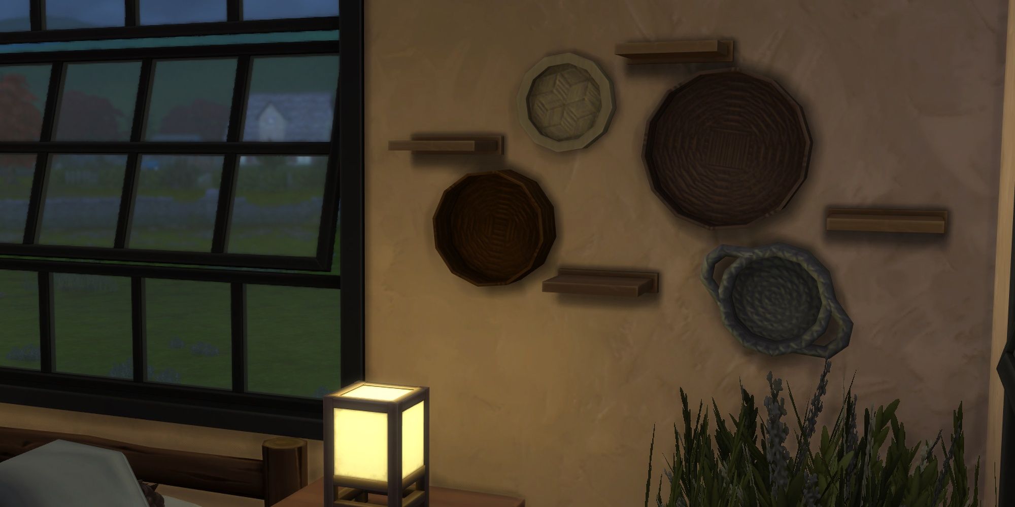 Four wicker baskets in tan, brown and gray mounted on the wall with shelves in The Sims 4.