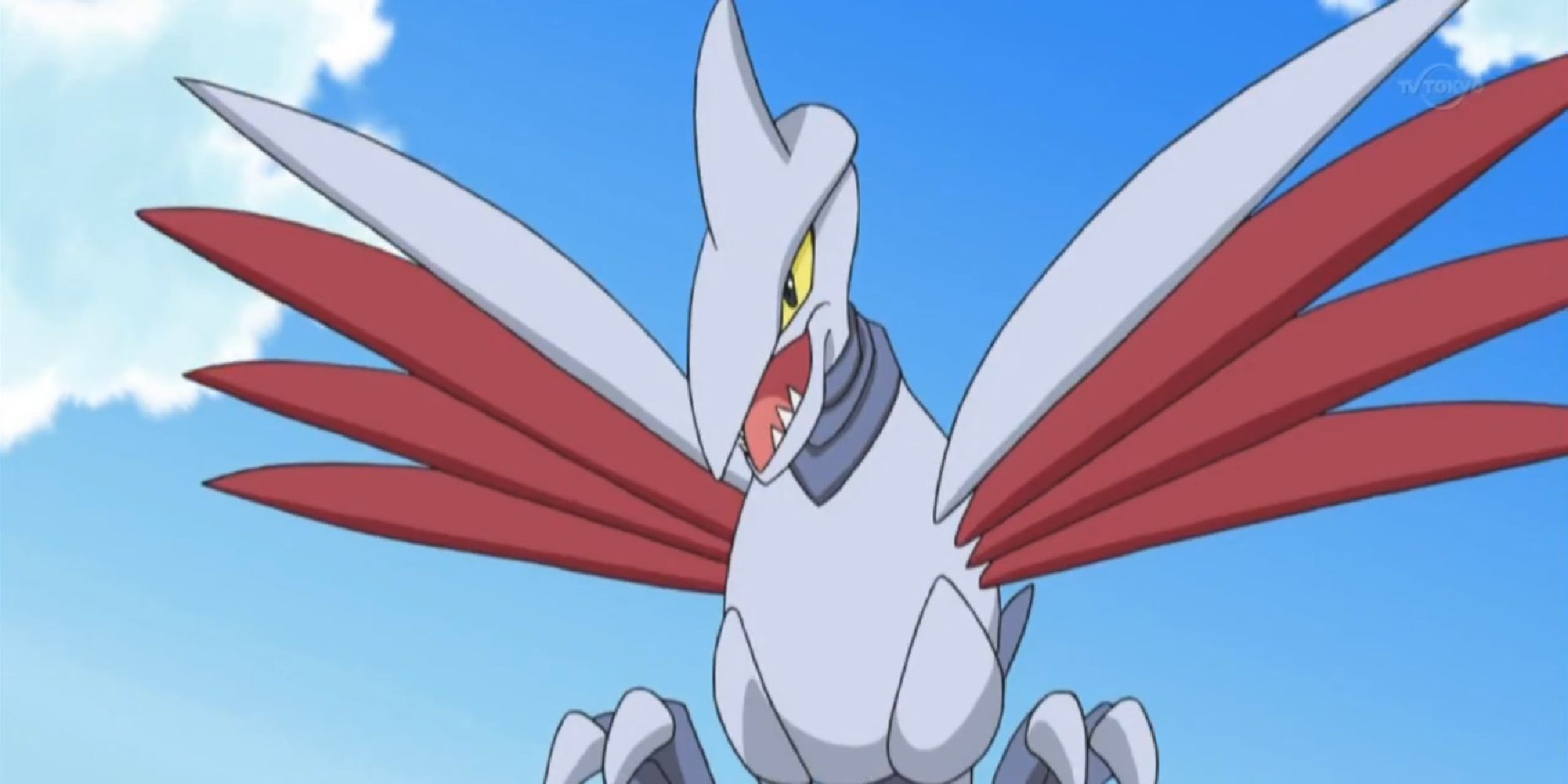 Skarmory flying in mid-air in the anime