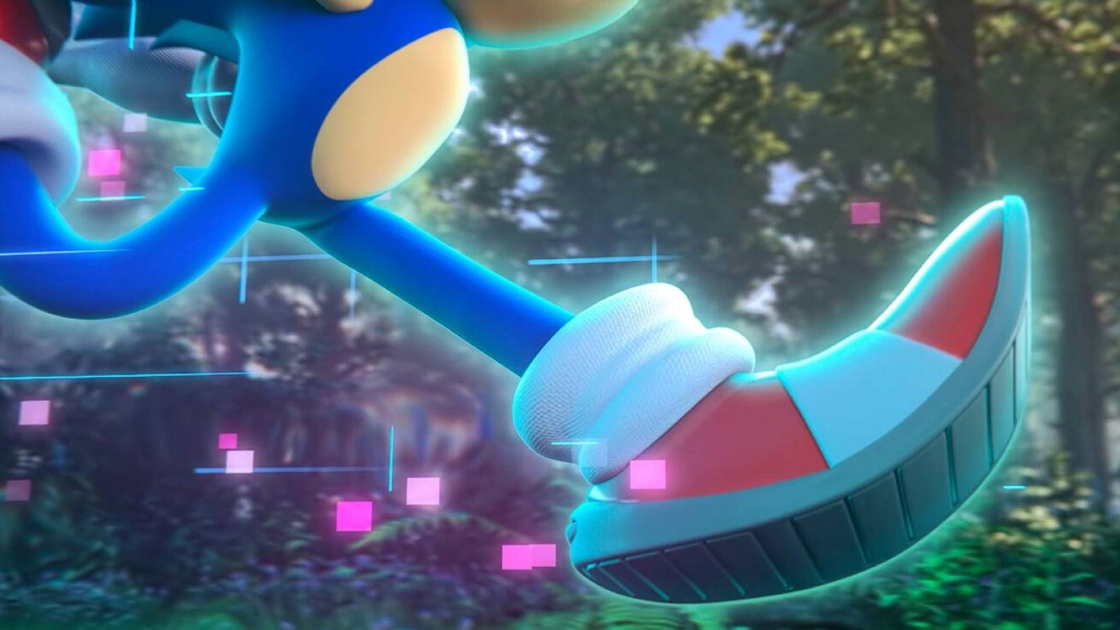 A close up from the Sonic Frontiers teaser showing Sonic running through a forest with blue and pink digital effects