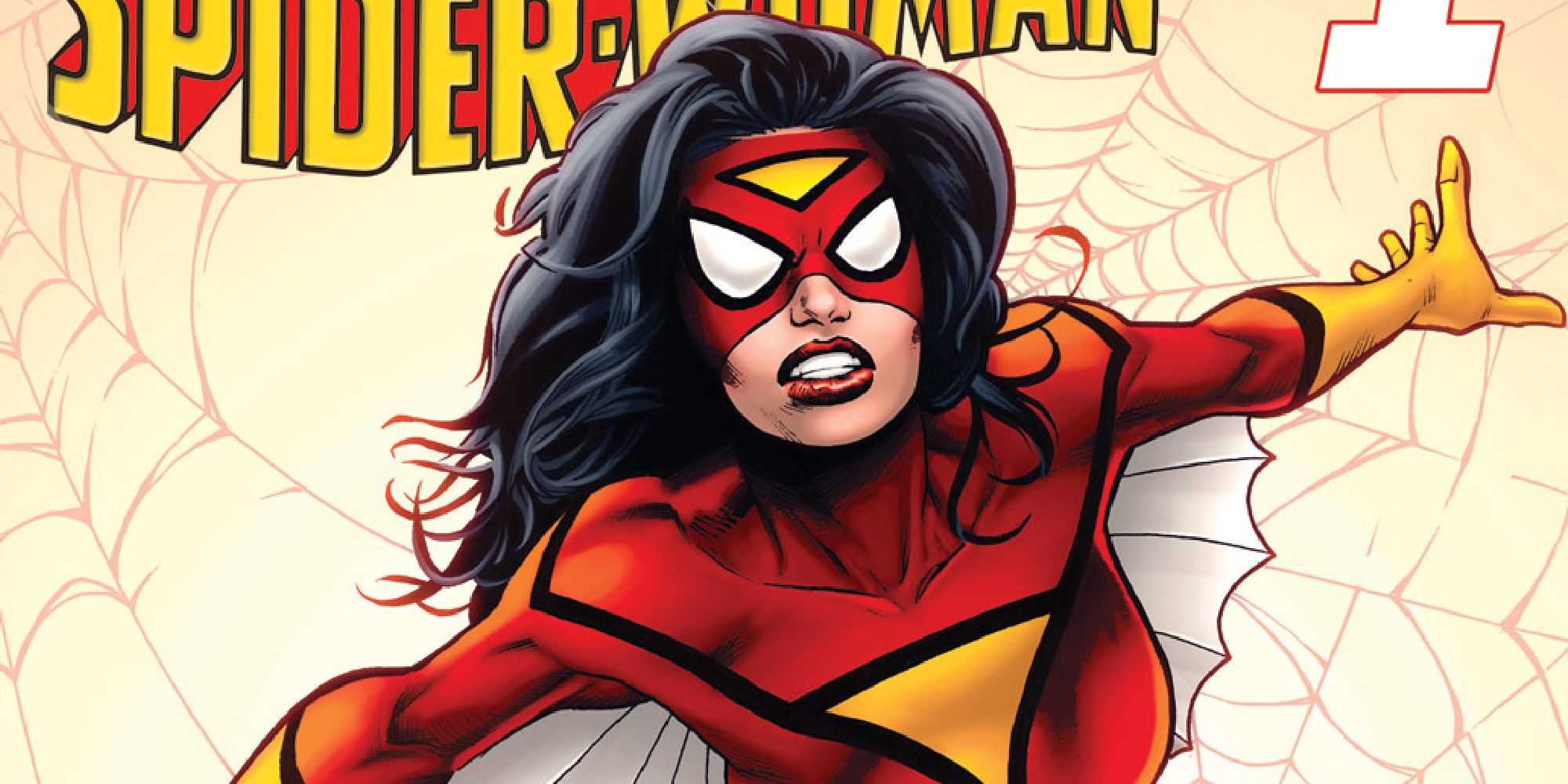 Spider-Woman 2014 cover depicting Spider-Woman jumping between webs