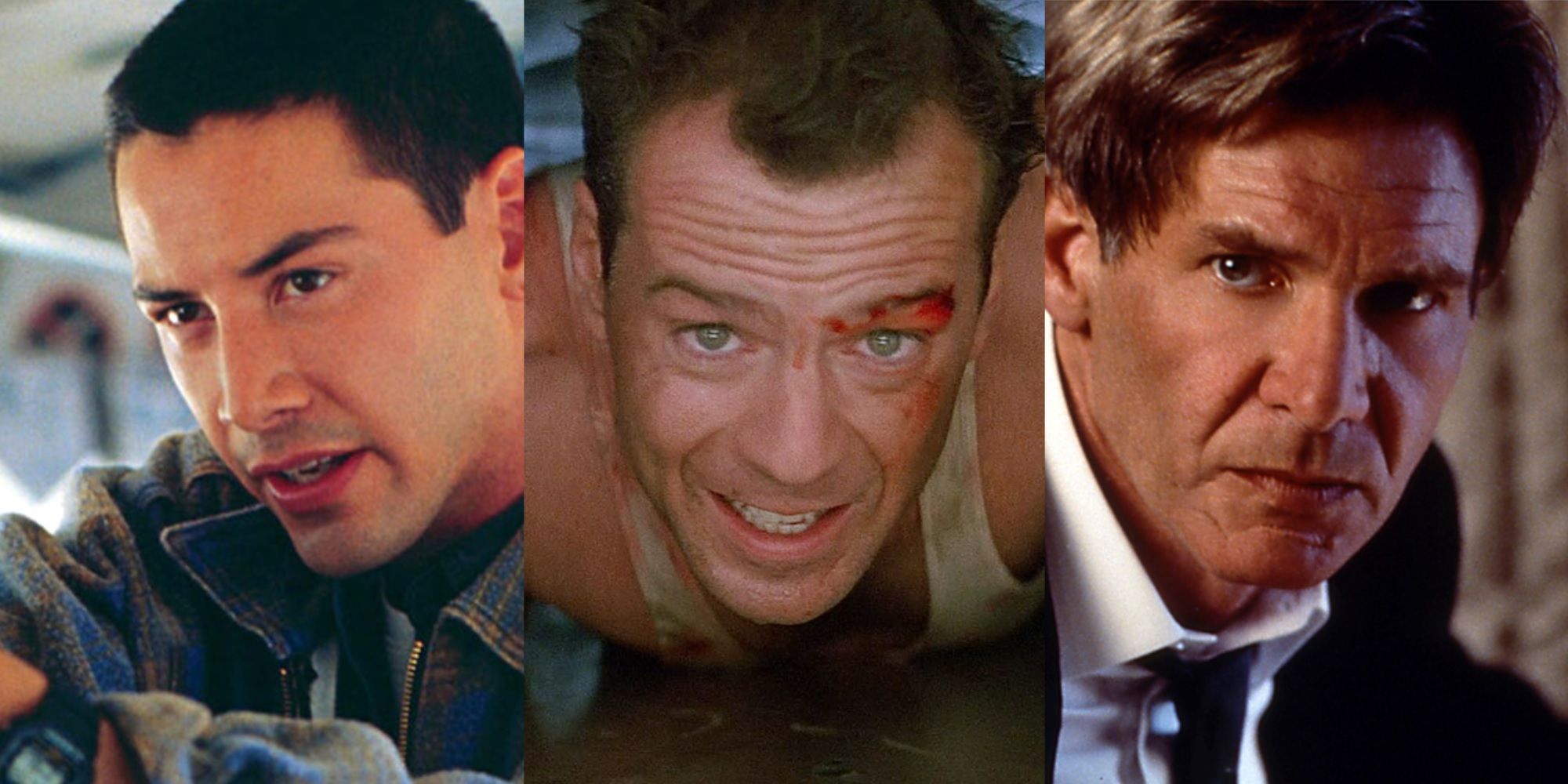 Split image of Keanu Reeves in Speed, Bruce Willis in Die Hard, and Harrison Ford in Air Force One