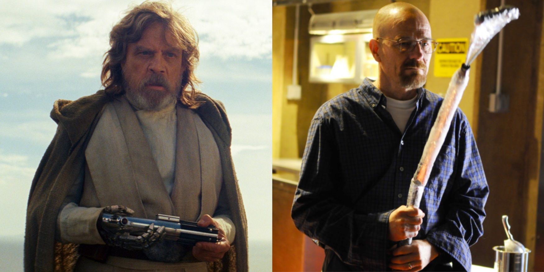 Split image of Luke Skywalker in The Last Jedi and Walter White in Breaking Bad