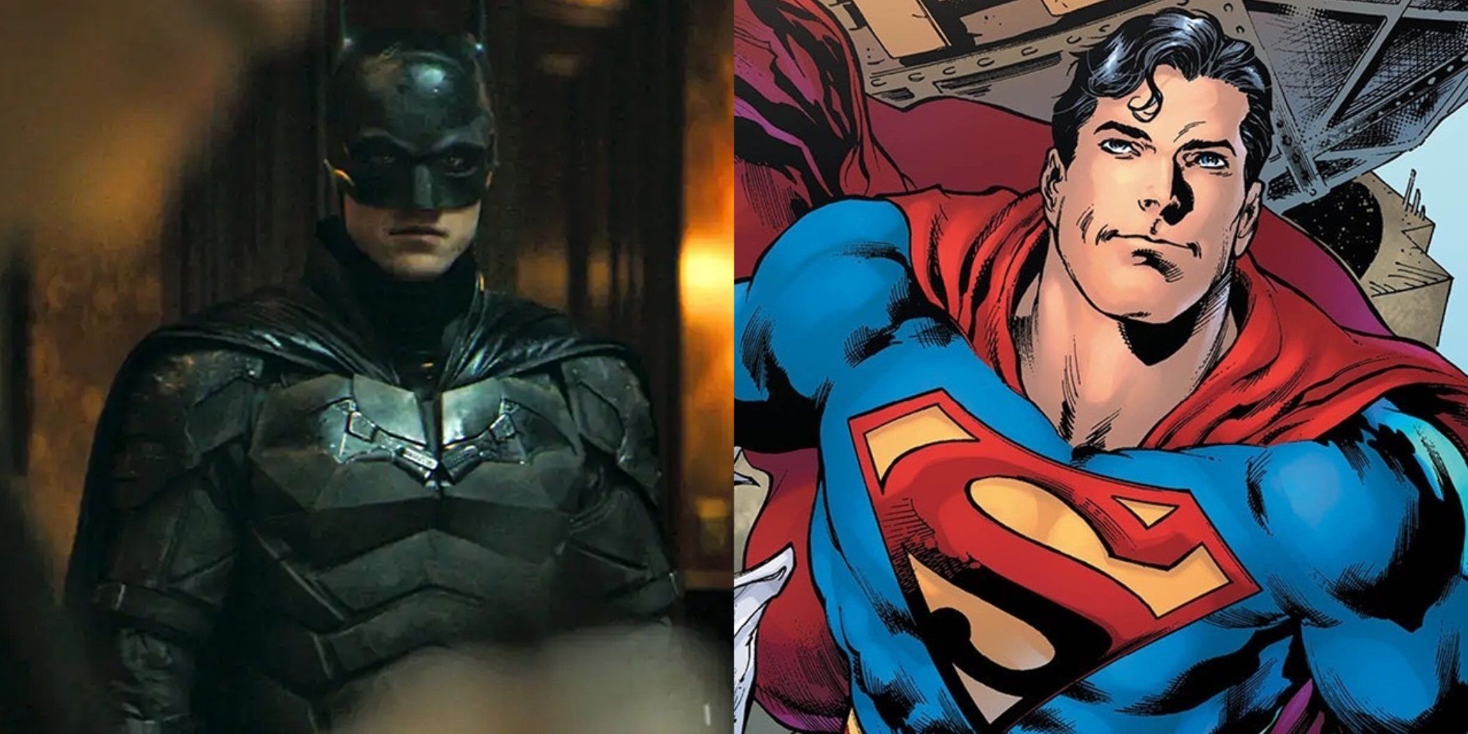 Split image of Robert Pattinson in The Batman and Superman in the DC comics