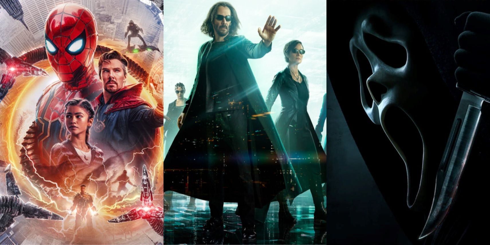 Split image of the posters for Spider-Man No Way Home, The Matrix Resurrections, and Scream