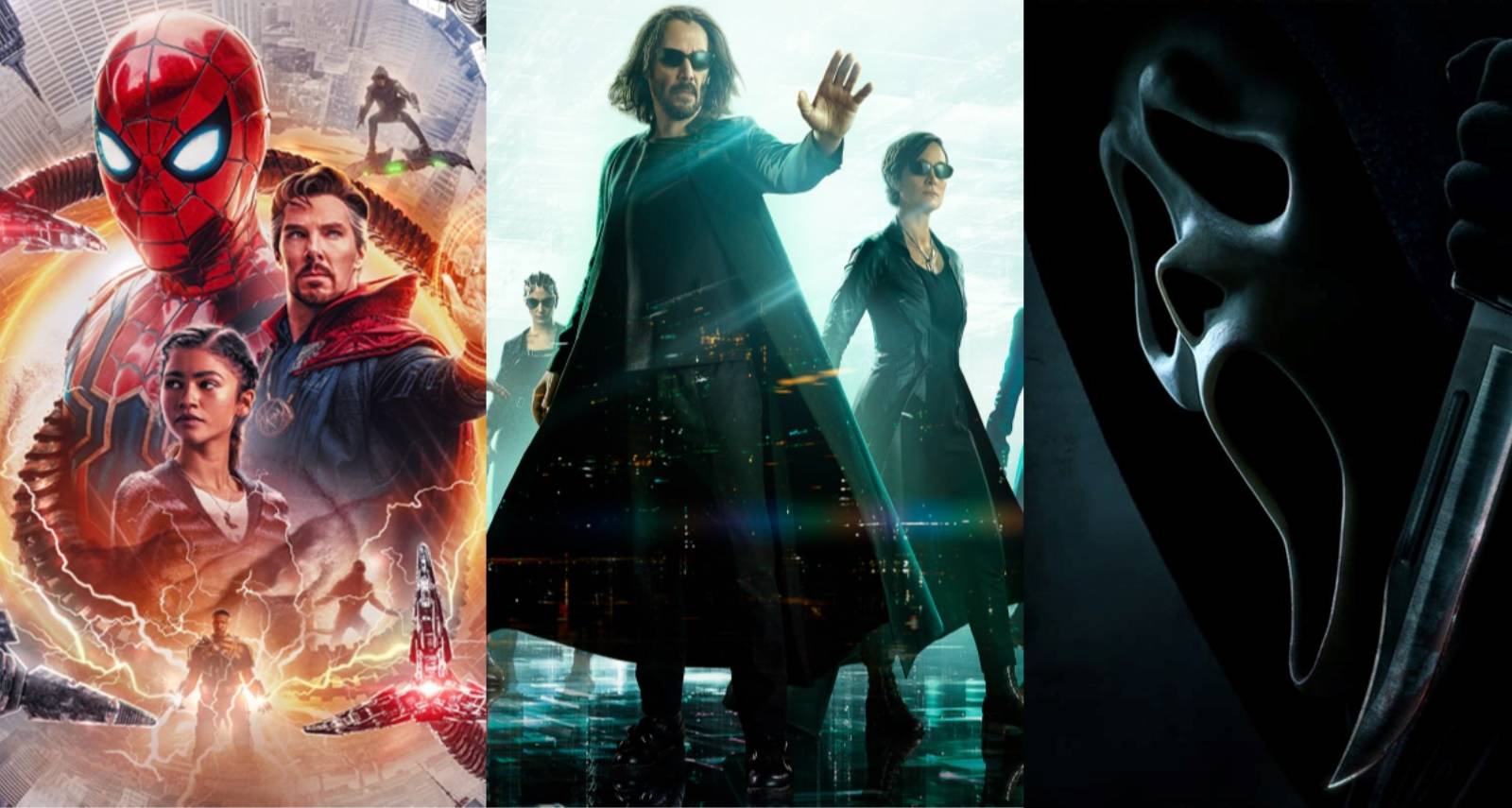Split image of the posters for Spider-Man No Way Home, The Matrix Resurrections, and Scream