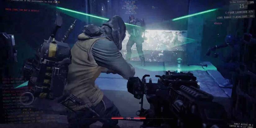 A squad about to breach a door in GTFO