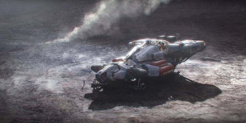 Starfield concept art of a spaceship on a rocky, barren planet