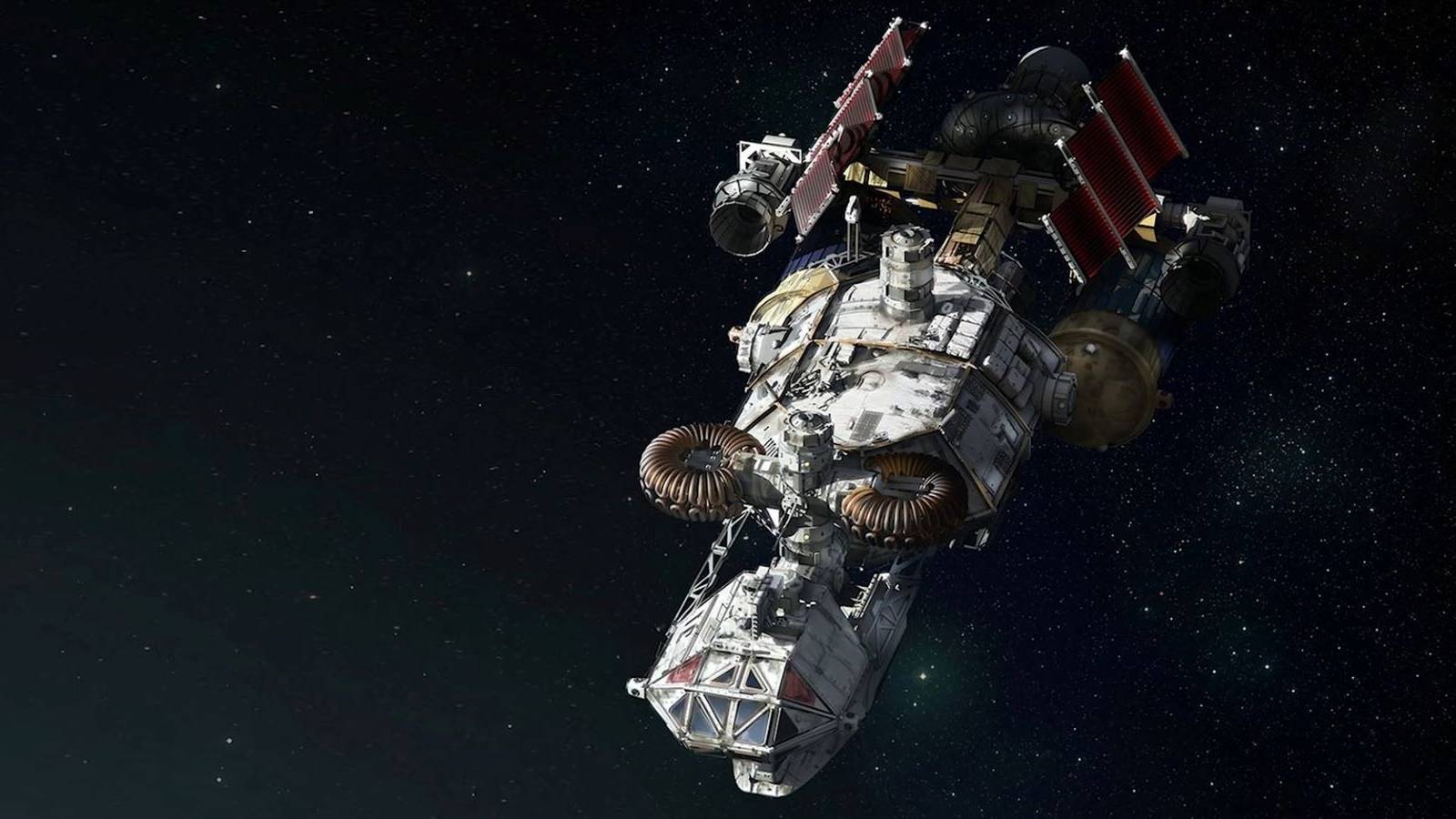 Starfield concept art showing a large spaceship alone in outer space