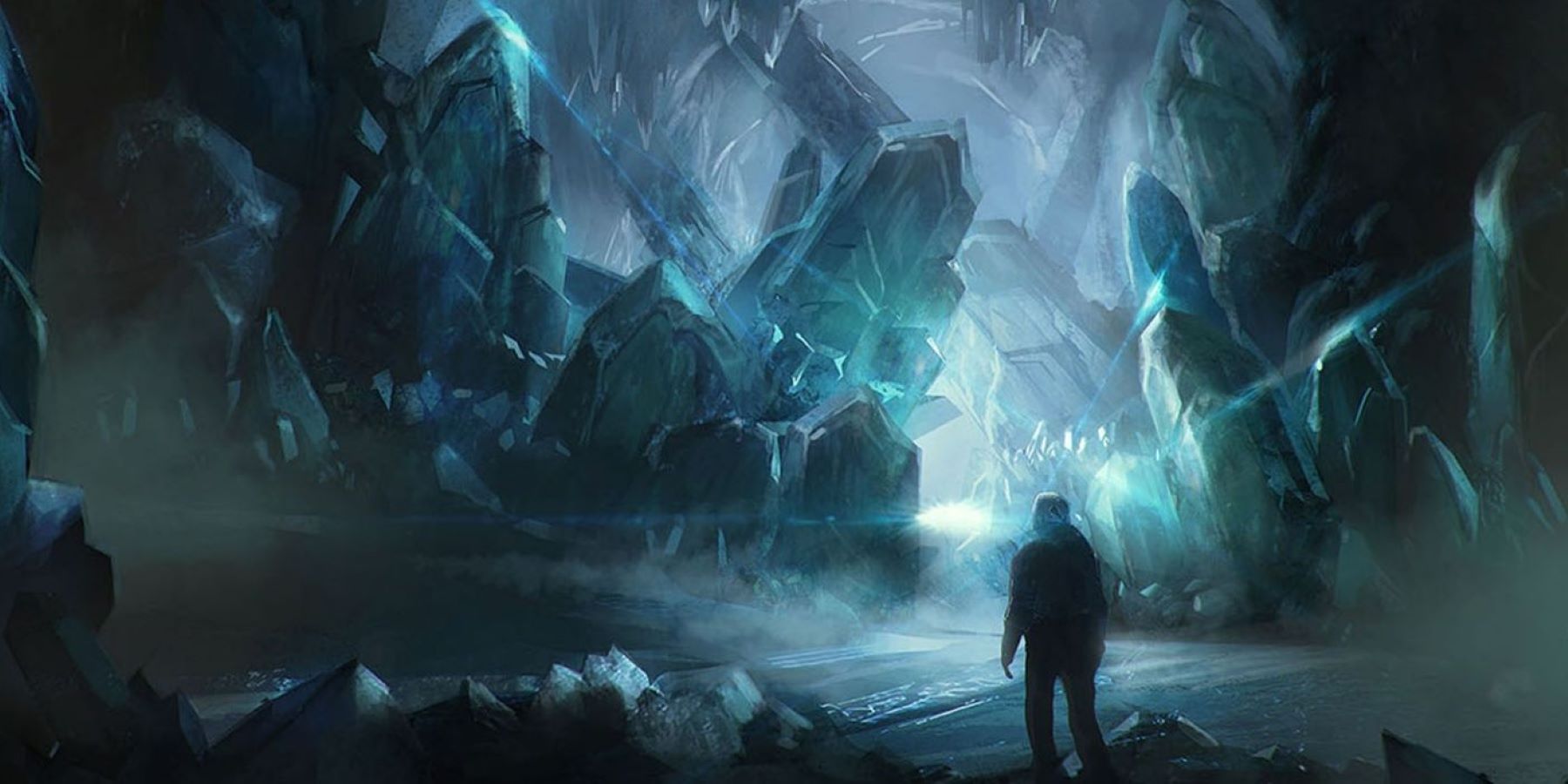 Starfield concept art showing a humanoid exploring a cave full of crystals