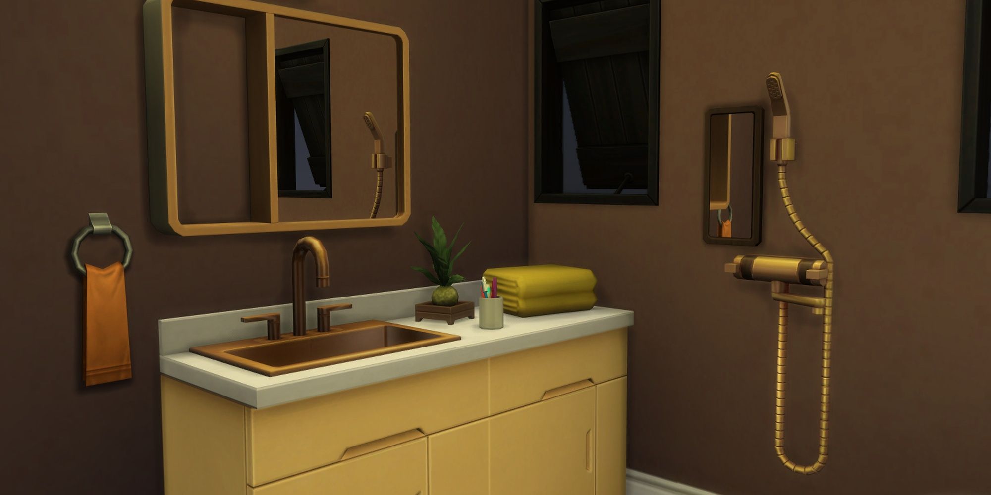 A simple brass shower from The Sims 4: Snowy Escape style into a bathroom of earthy colors.