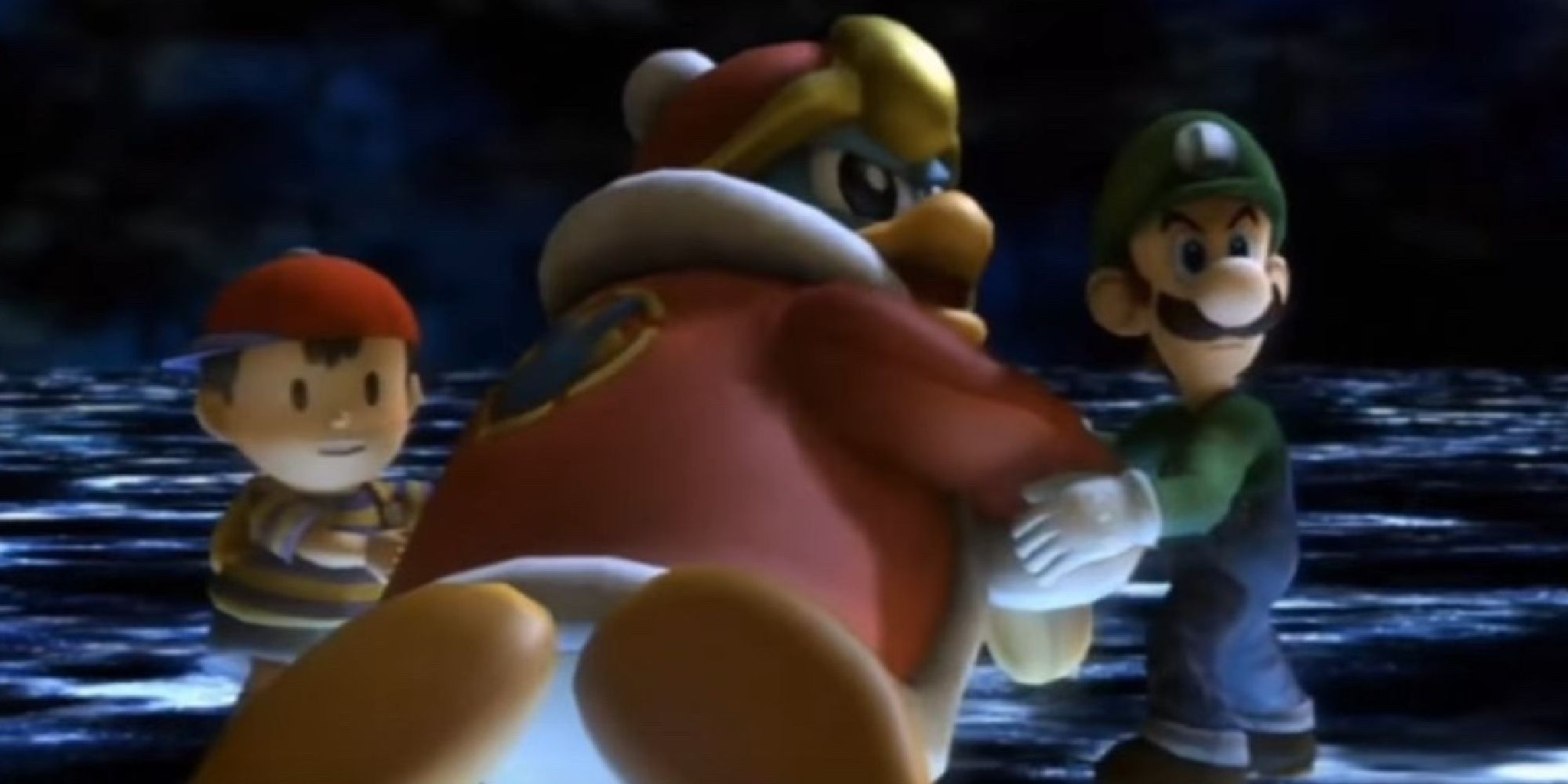 Luigi and Ness helping King Dedede get up in Subspace 