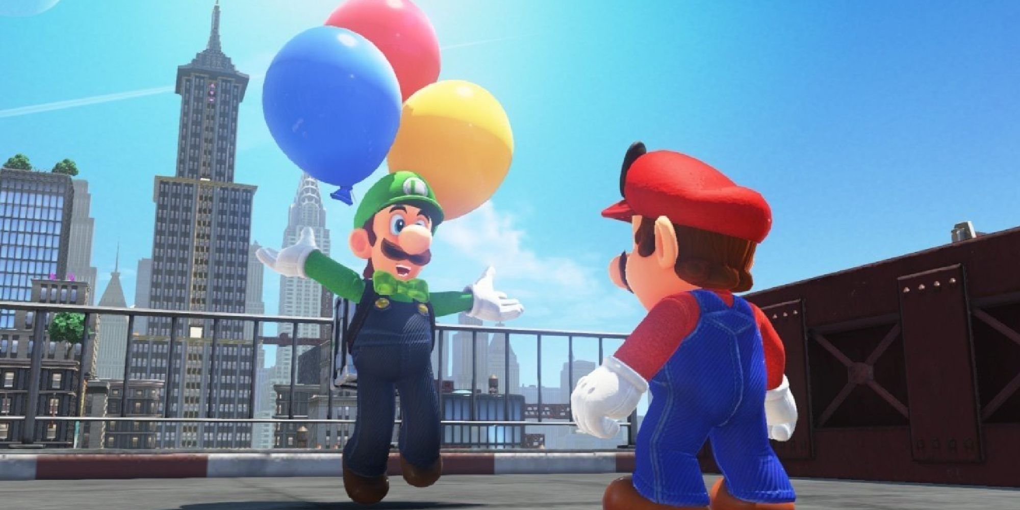 Luigi landing to greet Mario on balloons in New Donk City