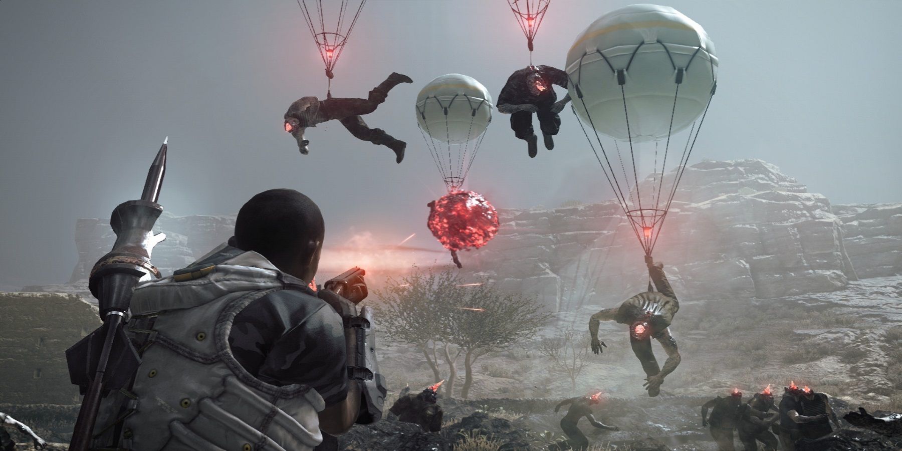 player using the fulton extraction system in Metal Gear Survive
