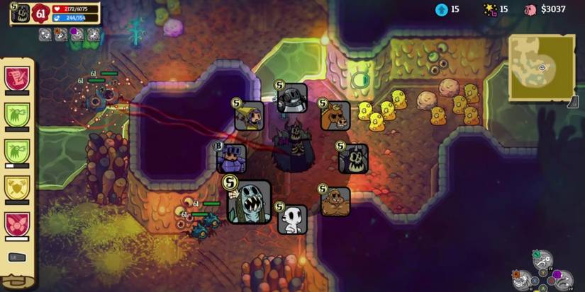 a skeleton in a dark robe stands in a cave with a wheel of different characters centered over him