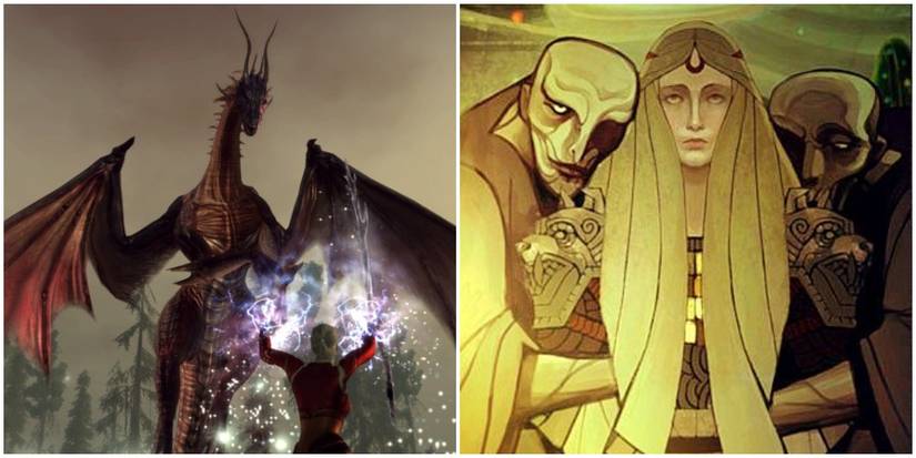 Split image of dragon and Andraste in Tevinter. 
