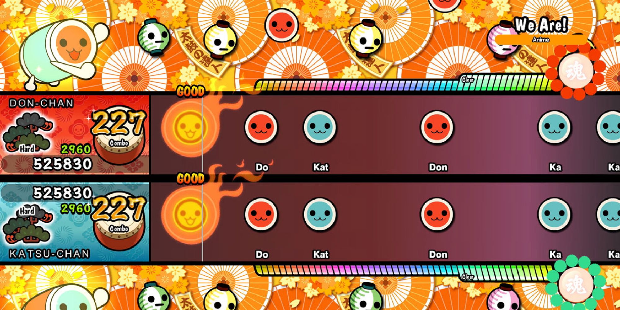 A two-player screen of Taiko No Tatsujin mid-performance