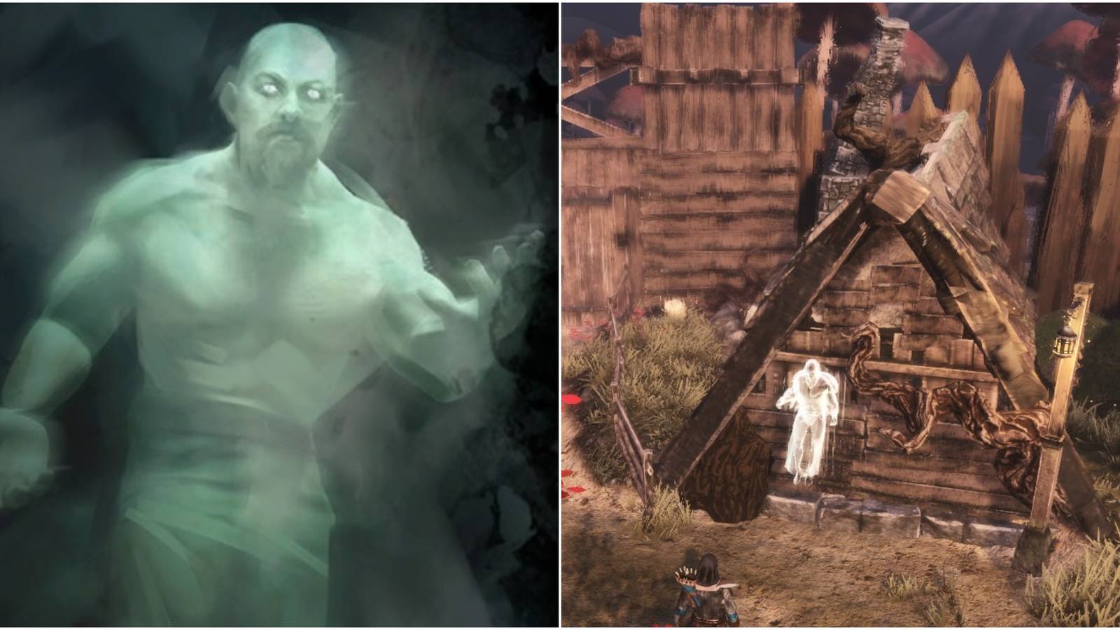 Tainted Grail Conquest Ghost Guide Collage Outer Building And Portrait