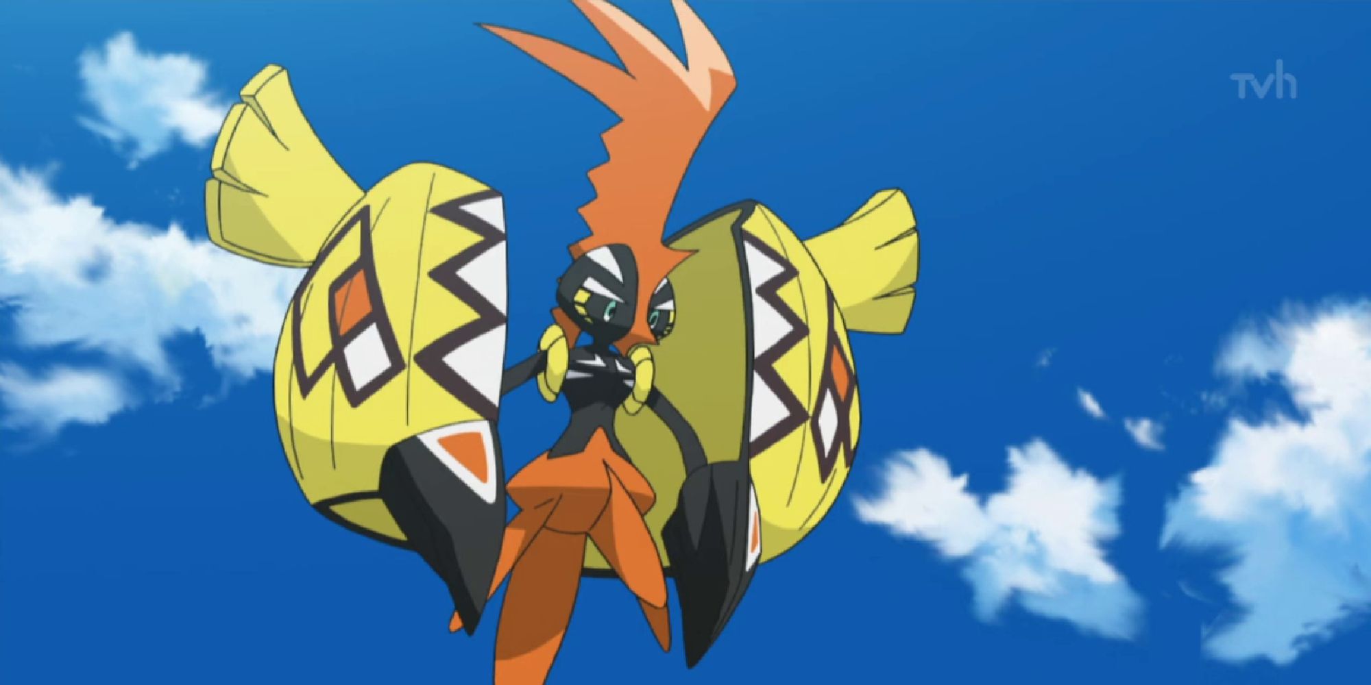 Tapu Koko observing something from mid-air in the anime