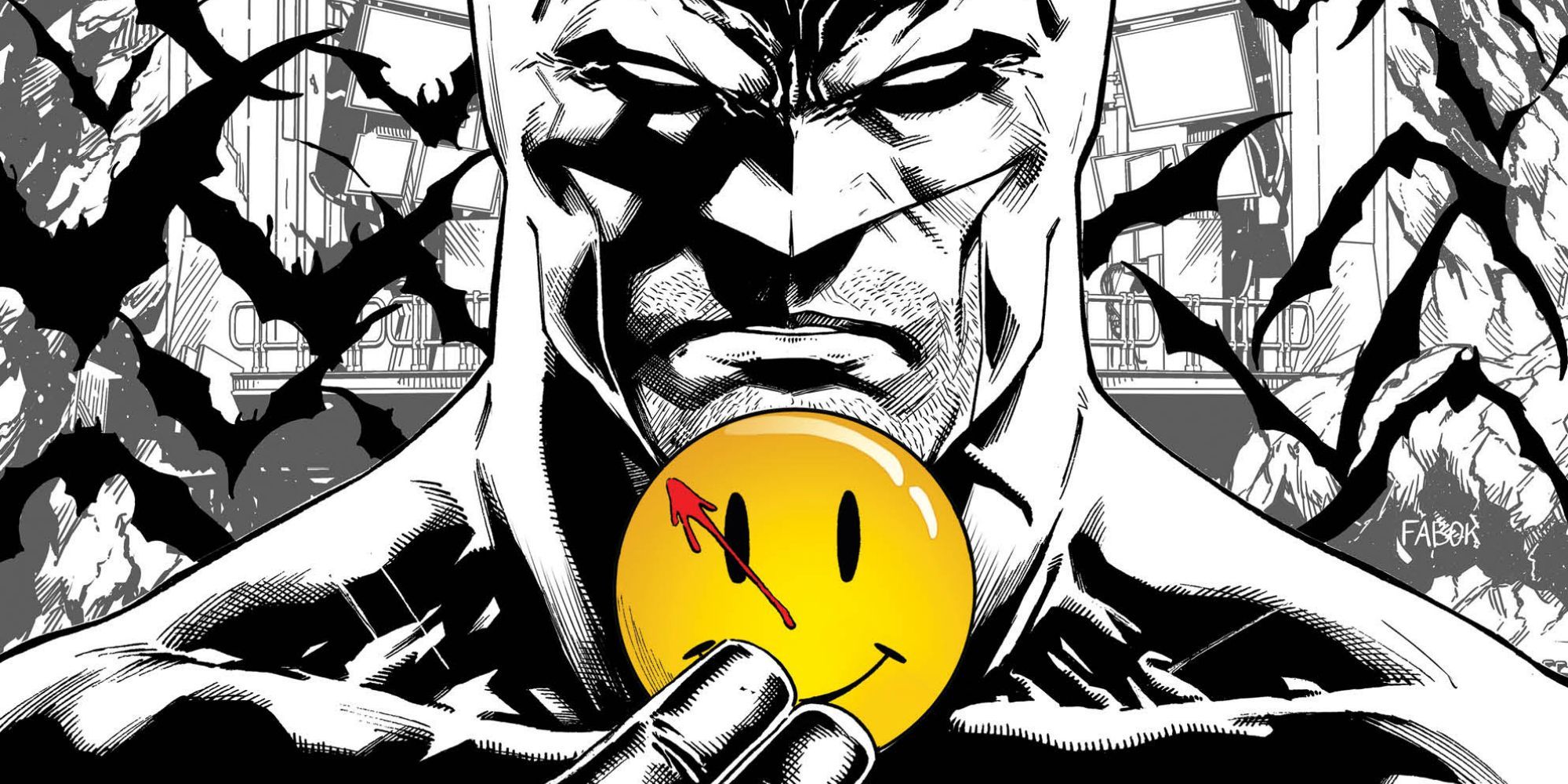 Batman holding the Comedian's bloody smiley face button in The Button