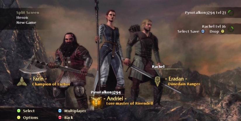 Farin, Andriel, and Eradan character loading page