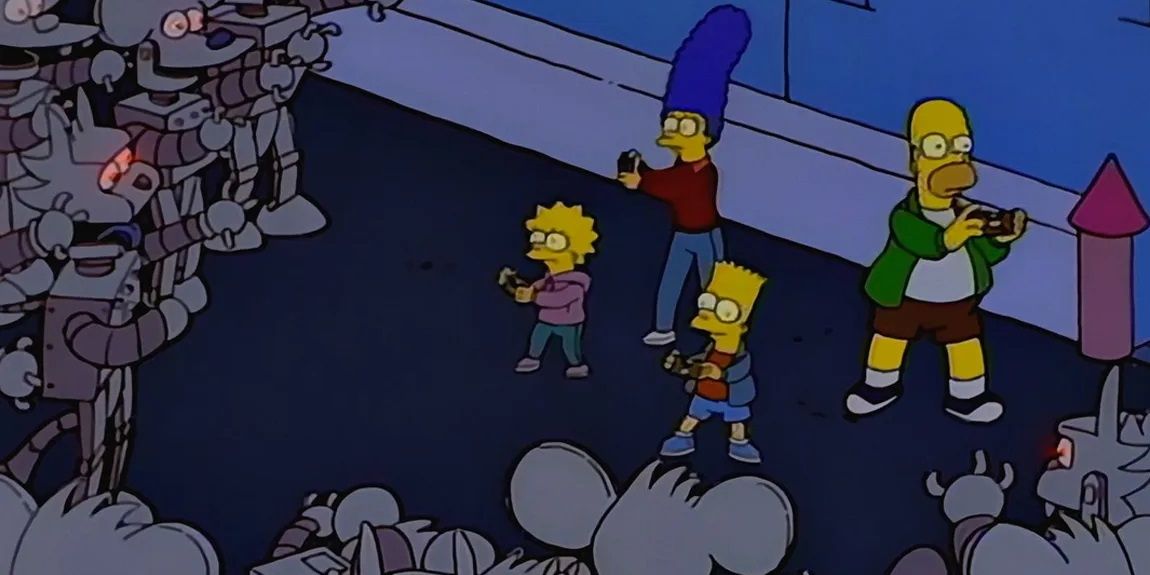 The Simpsons Itchy and Scratchy Land the family fighting robots