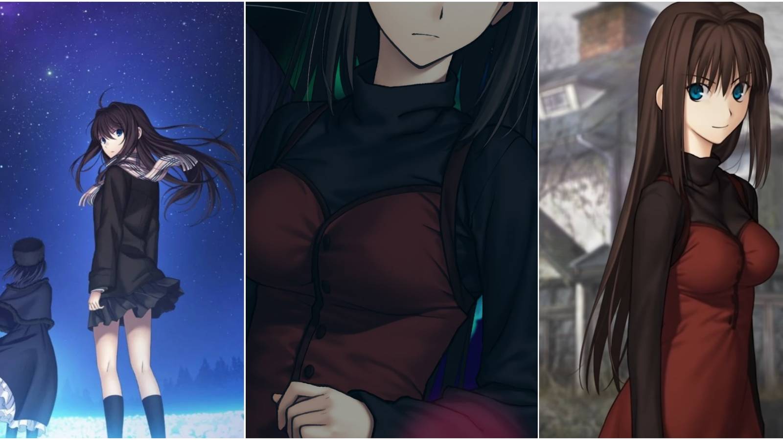 A joined image of the visual novel Mahoyo; two images are of Aozaki Aoko, and one is of Alice.