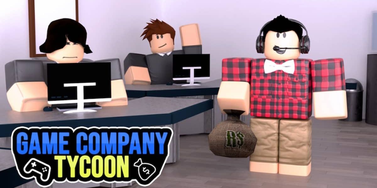 A Game Dev Tycoon thumbnail, featuring two Roblox avatars at computers and one holding a money bag in front of the Game Company Tycoon Logo