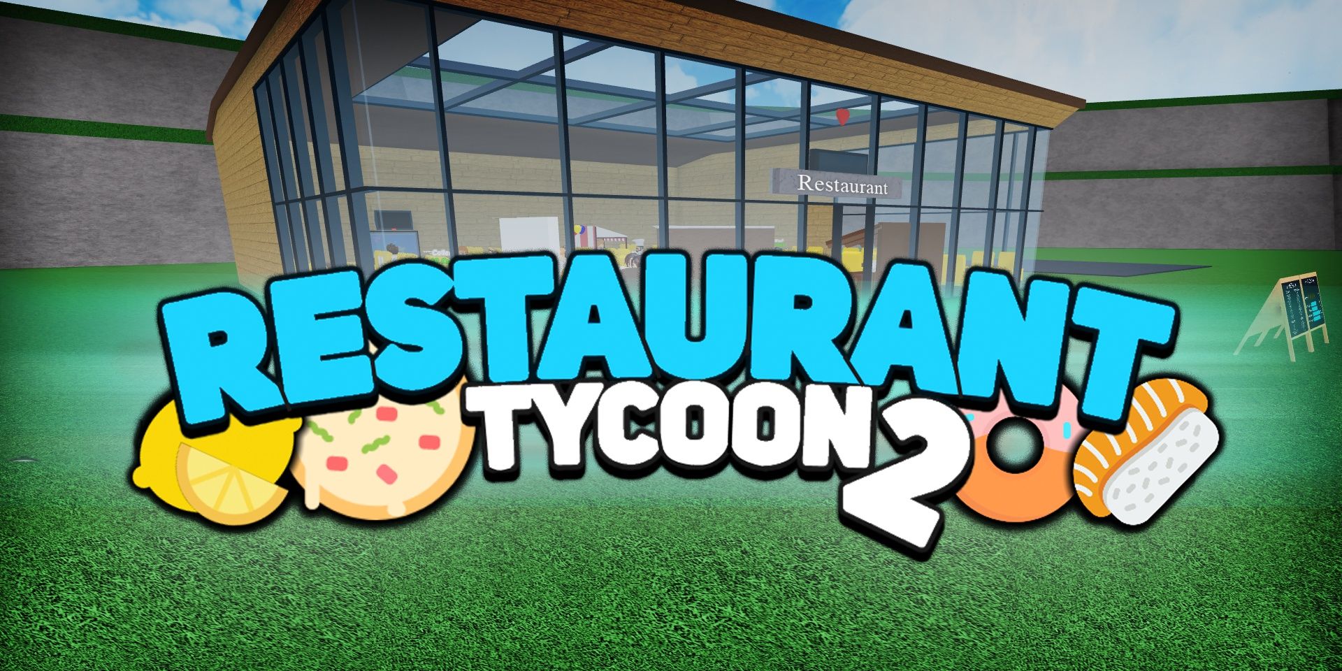 A small restaurant in Roblox with the logo of Restaurant Tycoon 2 in the foreground.