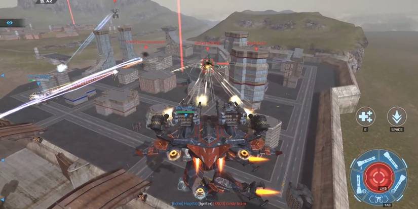 Titan Weapons in War Robots - Vengeance - Player bursts weapon at opponent in long-range battle 