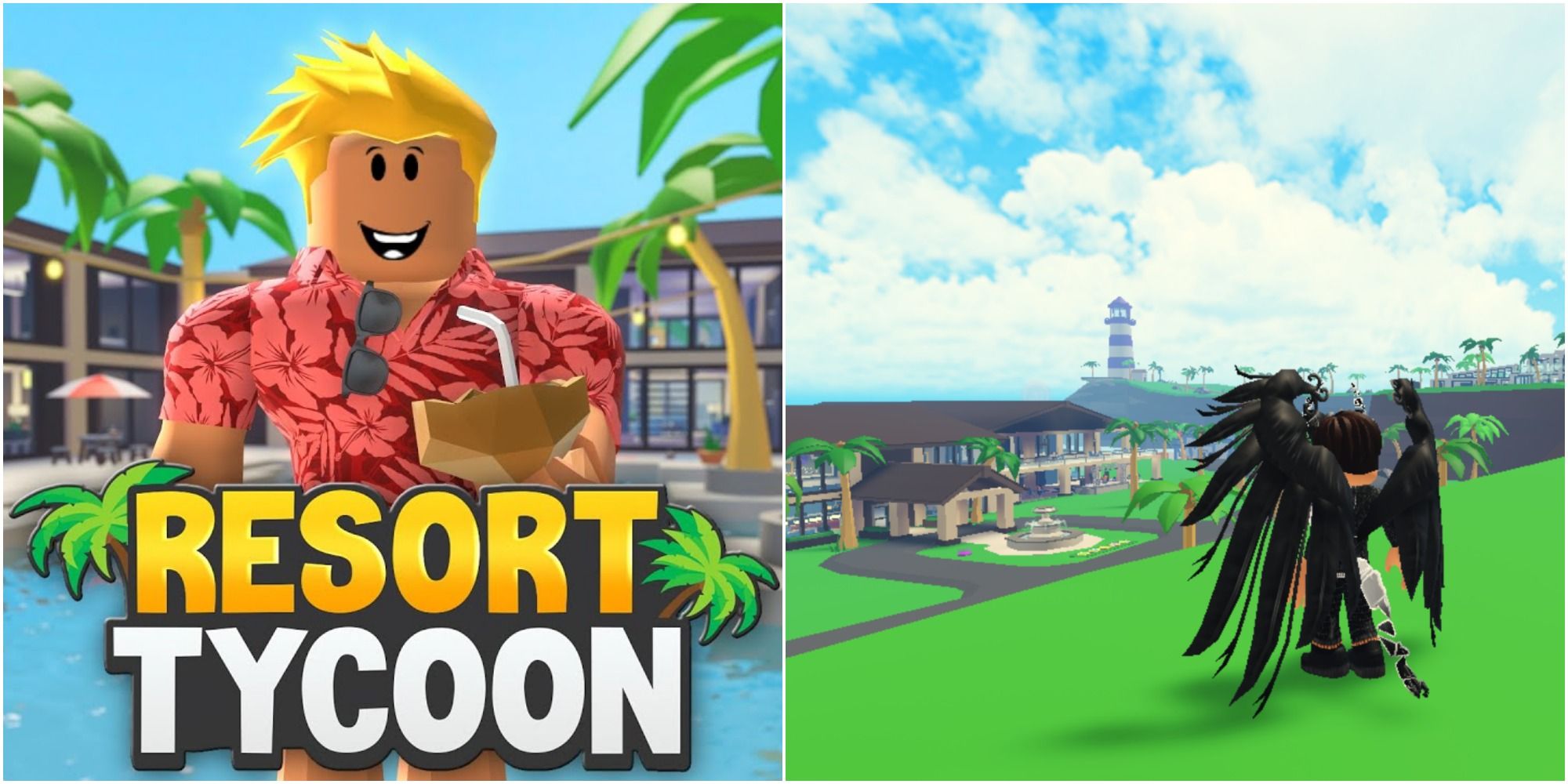 Split image  thumbnail for Tropical Resort Tycoon on the left, with a player overlooking their resort on the right.
