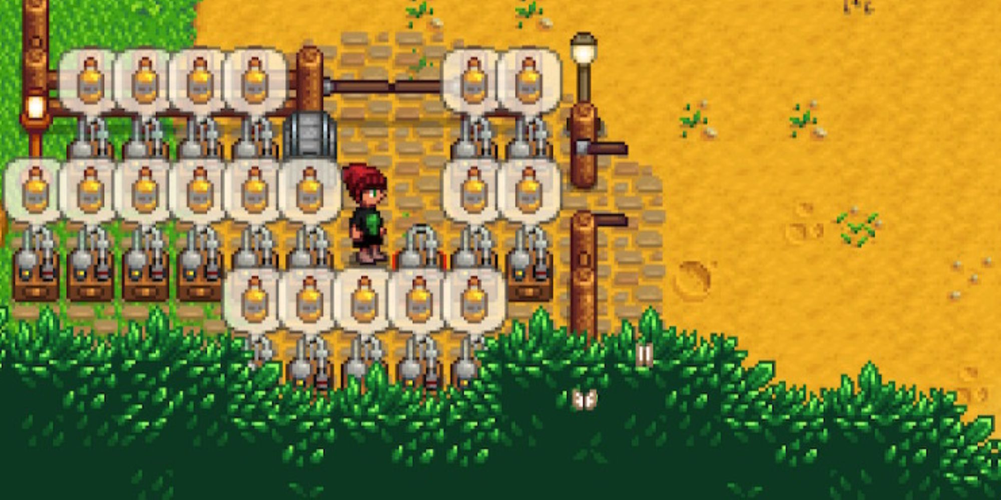 A farmer beside rows of Oil Makers producing Truffle Oil in Stardew Valley