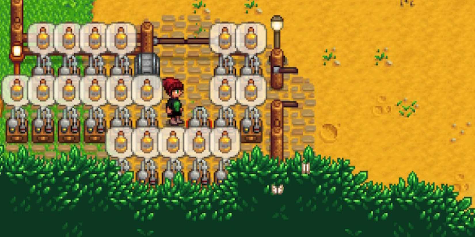 A farmer beside rows of Oil Makers producing Truffle Oil in Stardew Valley