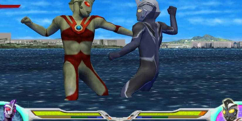 Ultraman Fighting Evolution 0 - Two Ultraman characters duking it out in water.