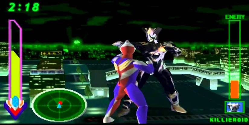 Ultraman Tiga and Ultraman Dyna New Generations: Two characters fighting one another.
