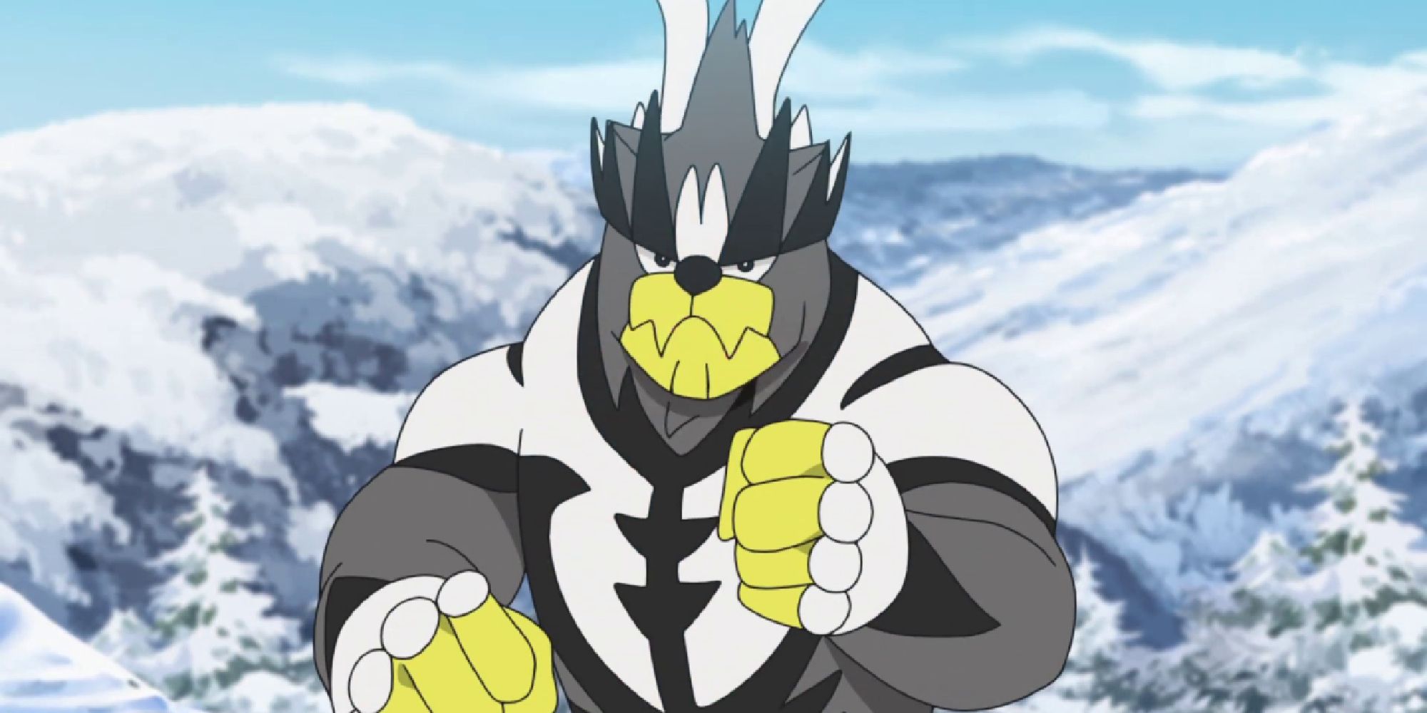 Urshifu standing ready for battle in a snowy field in the anime