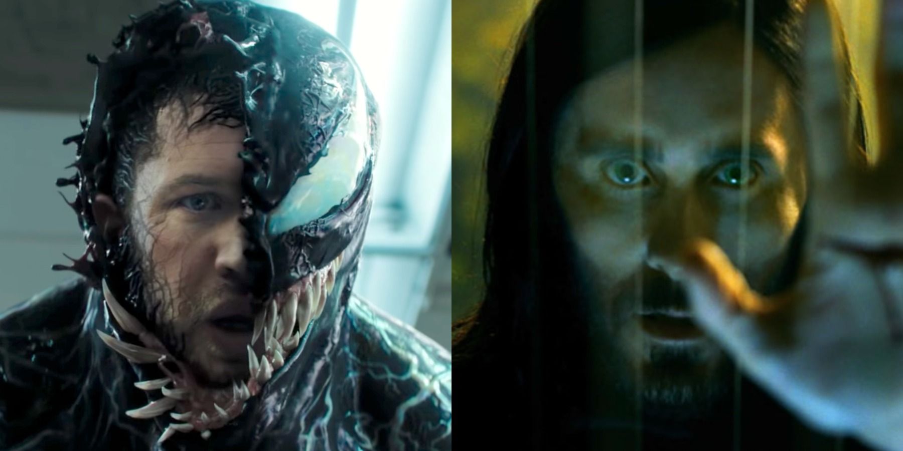 A split image depicts Venom and Morbius in live action