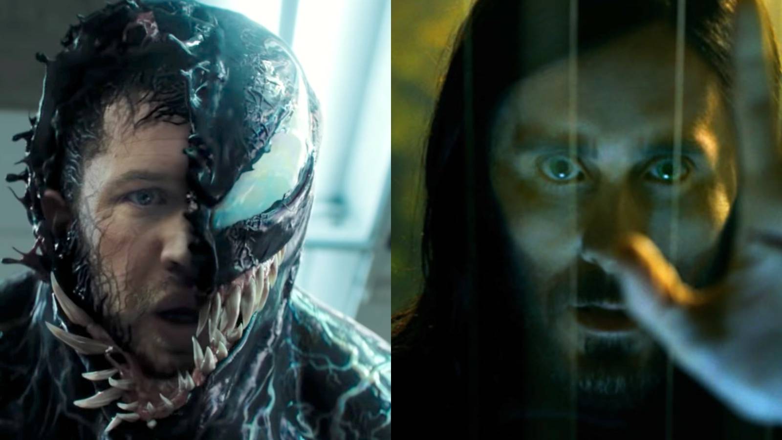 A split image depicts Venom and Morbius in live action