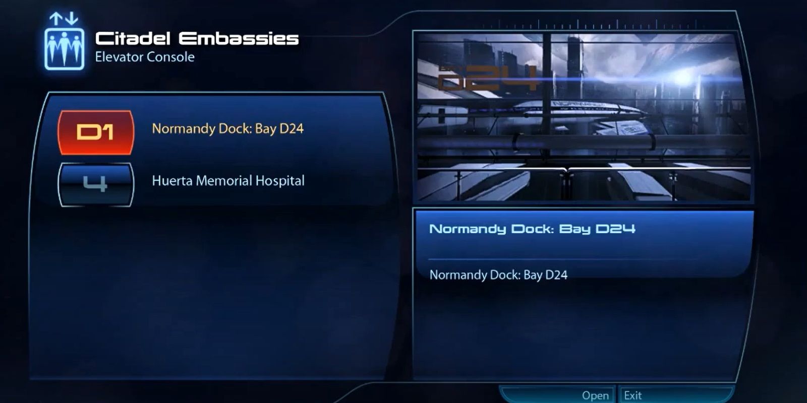 Mass Effect 3 Transit System menu with Dock Bay D24 highlighted