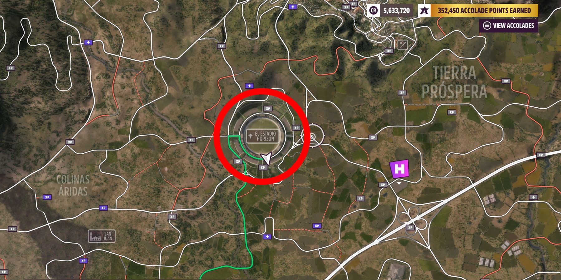 El Stadio Horizon location circled on Forza Horizon 5 map