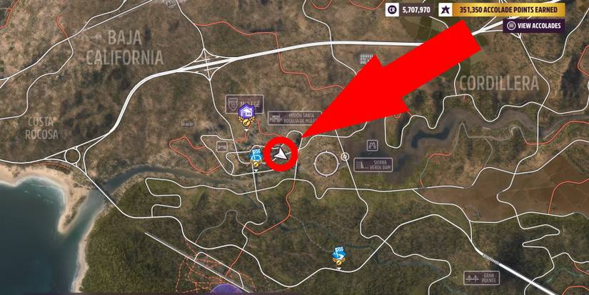 Forza Horizon 5 taco cart location in Mulege circled and arrow pointing at it