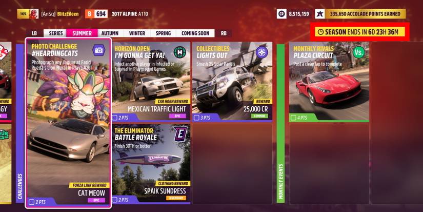 Forza Horizon 5 Series 3 Challenges with season change time highlighted