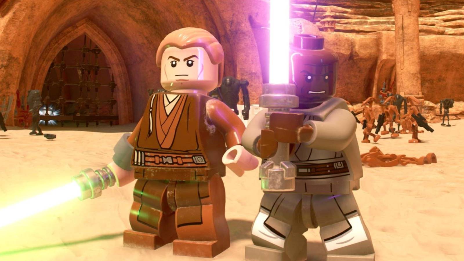 Anakin Skywalker and Mace Windu standing together with lightsabers drawn in the arena on Geonosis in LEGO Star Wars: The Skywalker Saga