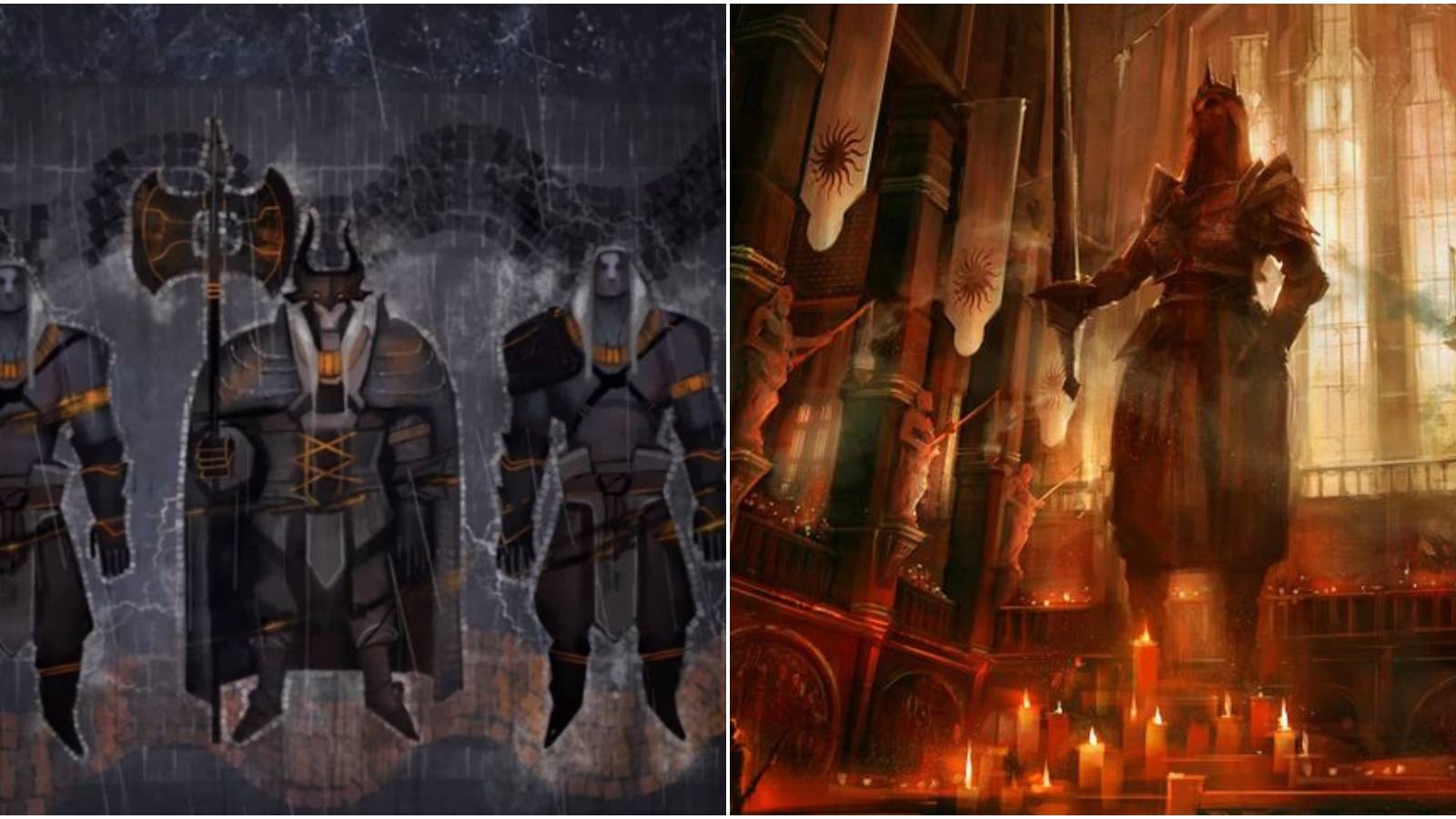 Split image of qunari and Chantry.