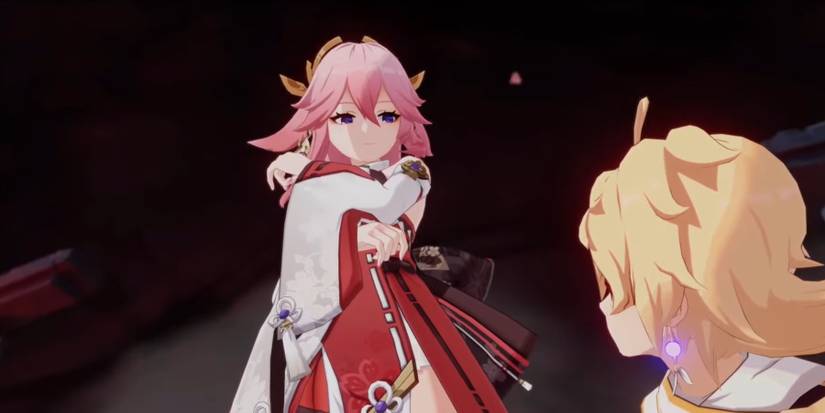 Genshin Impact characters Yae Miko and Aether 