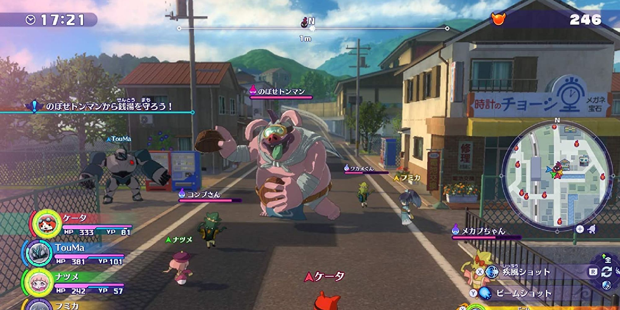 A battle screen in Yo-kai Watch 4, fighting a pig demon and little girl demons