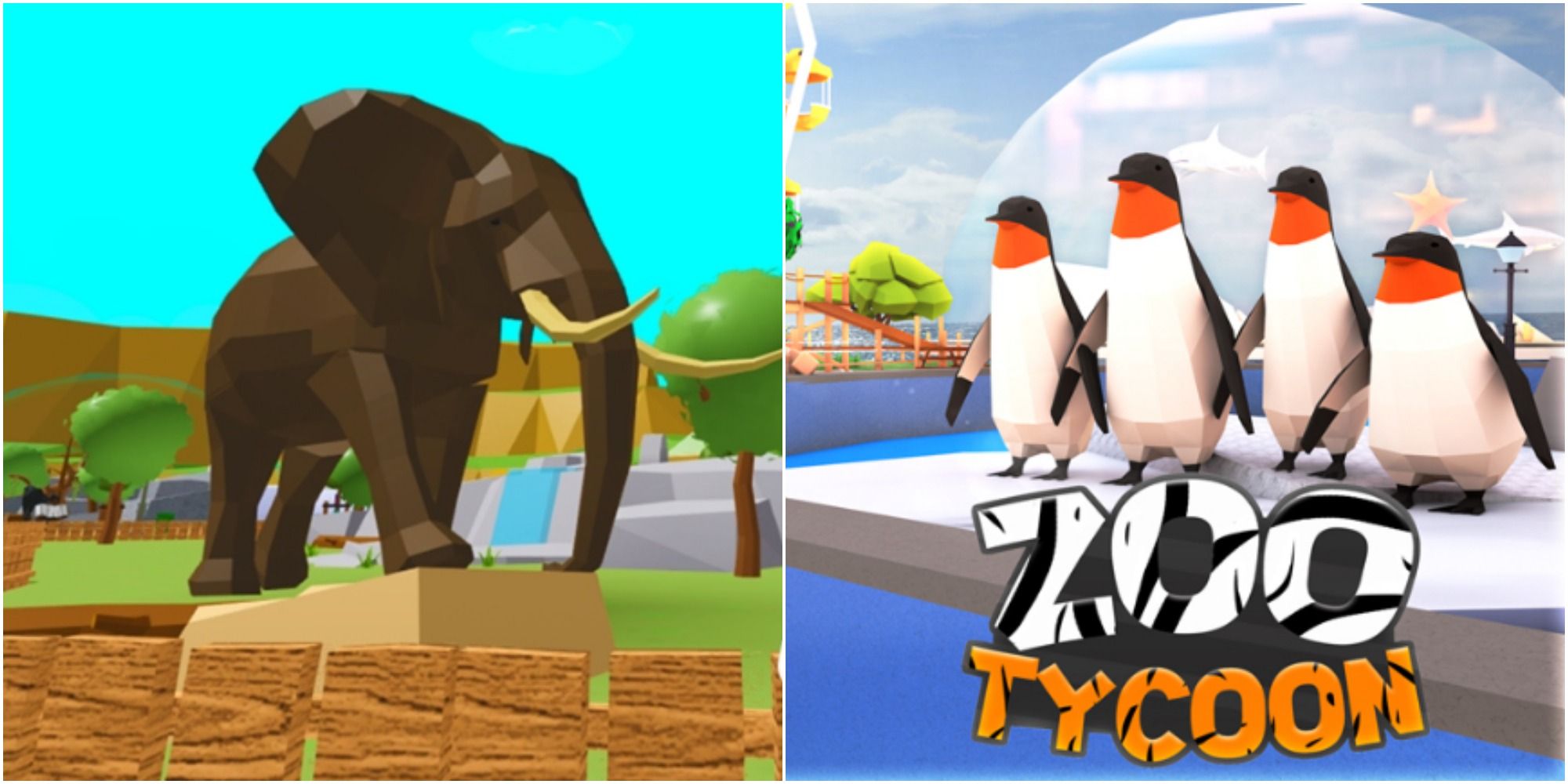 Split image a Zoo Tycoon elephant in Roblox on the left, with some penguins and the game's logo on the right.