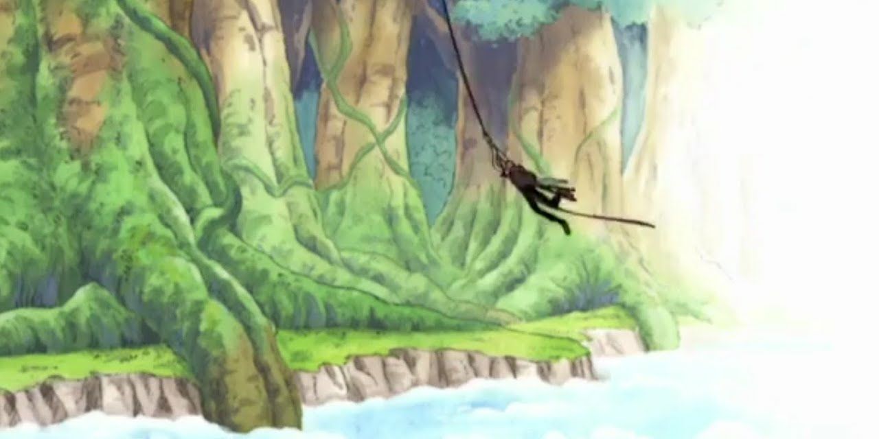 One Piece Zoro swings across like Tarzan