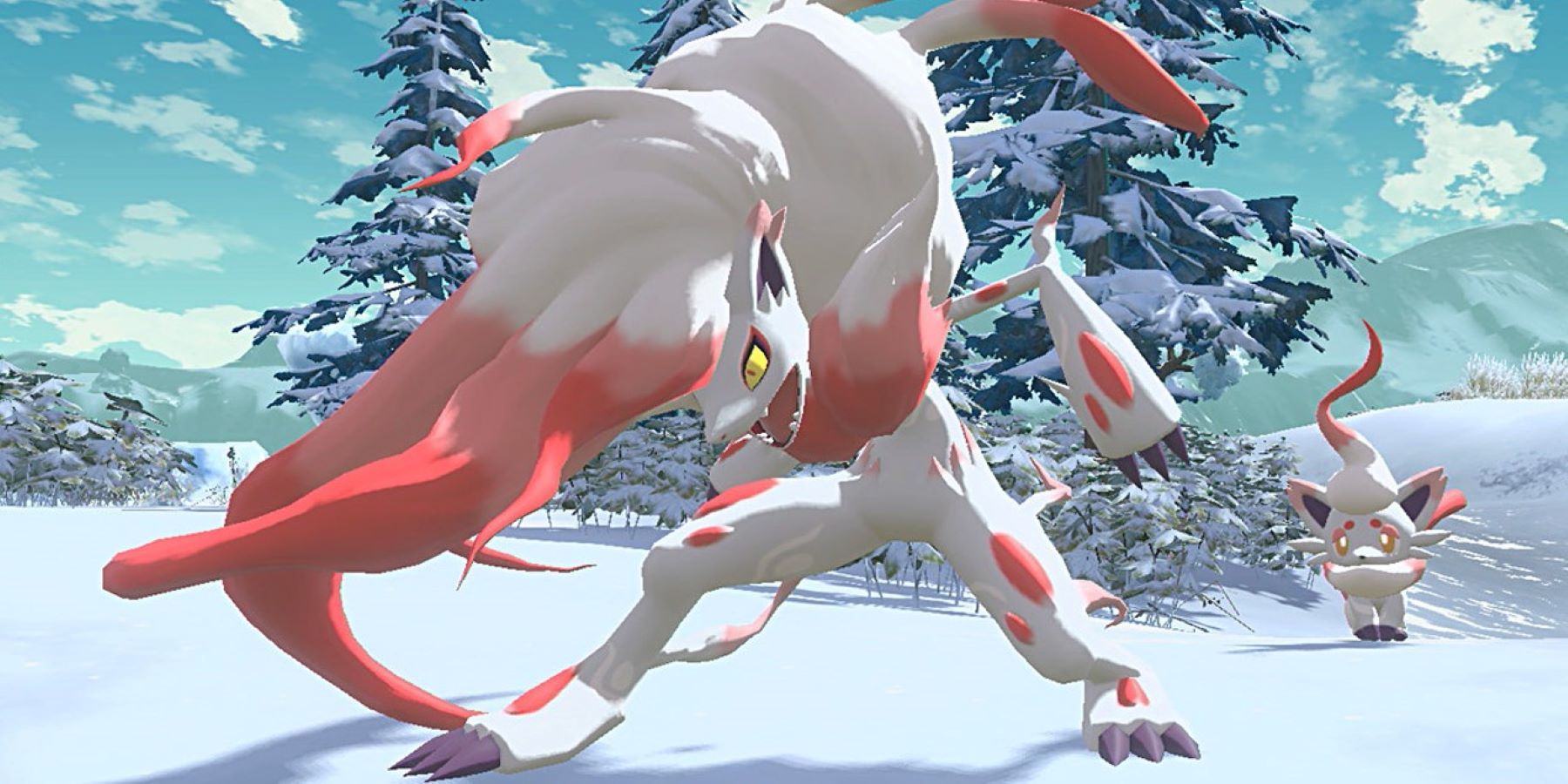 A Hisuian Zoroark snarling and standing defensively in front of a Hisuian Zorua in a snowy area of Pokemon Legends: Arceus