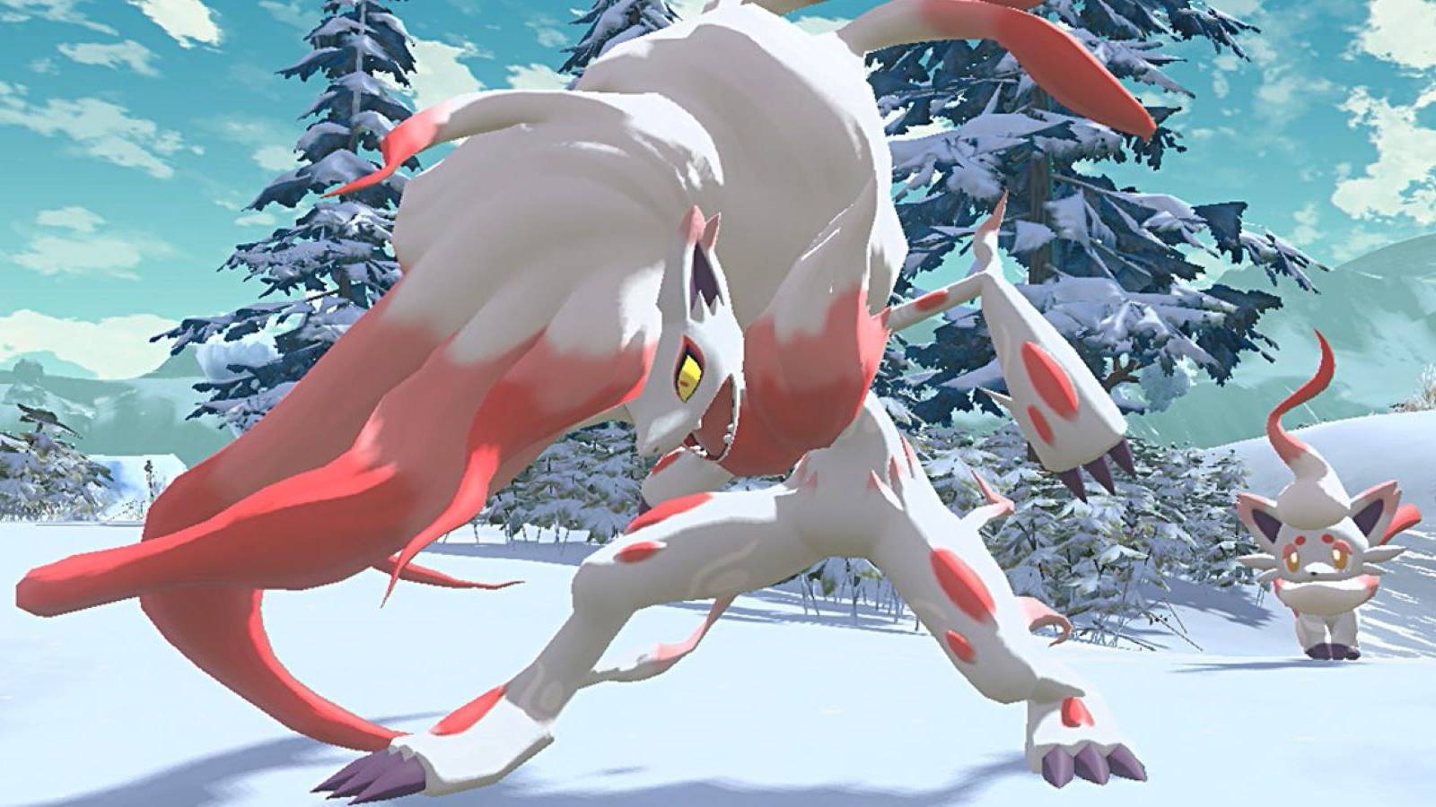 A Hisuian Zoroark snarling and standing defensively in front of a Hisuian Zorua in a snowy area of Pokemon Legends: Arceus