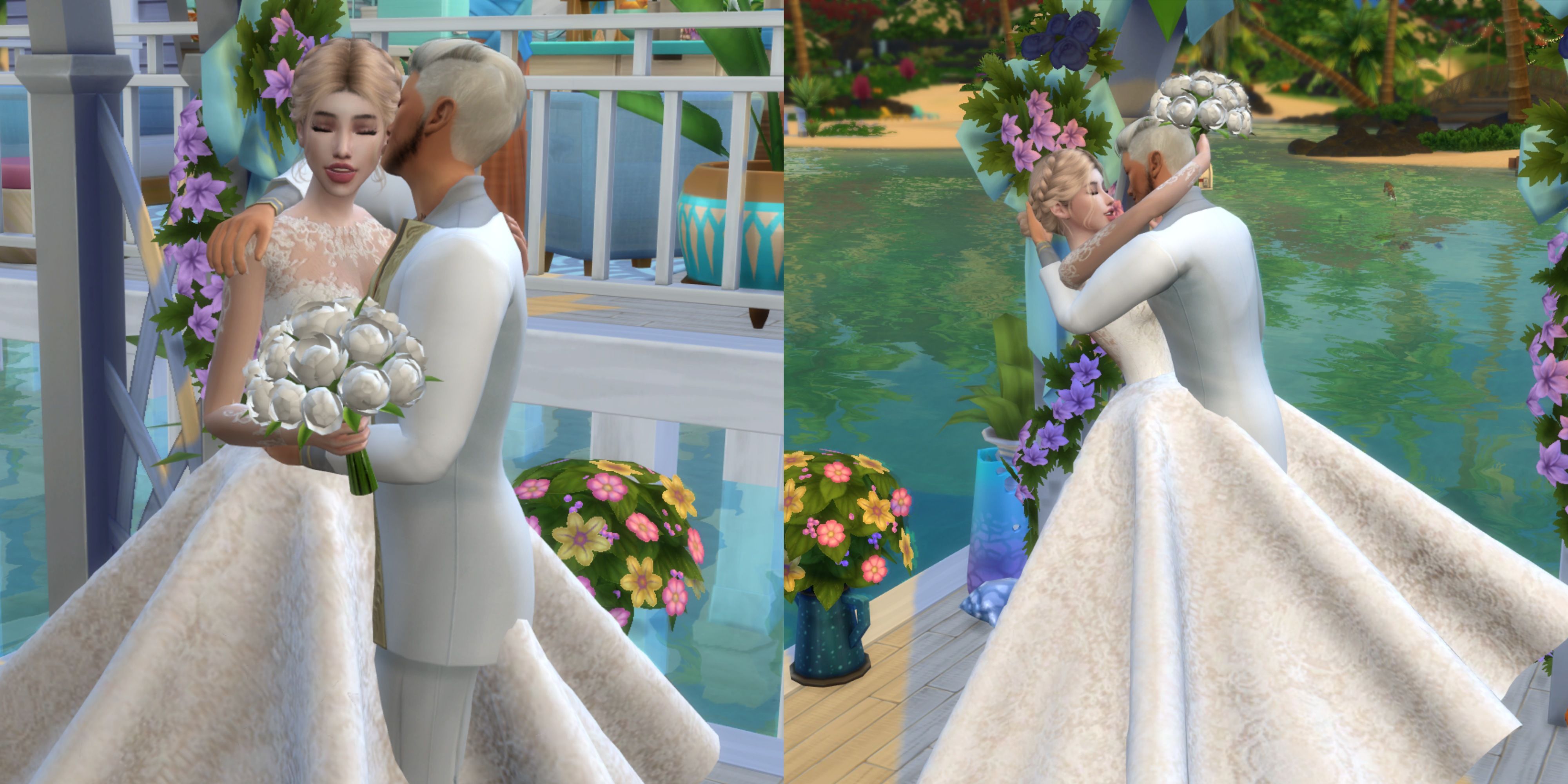 a female sim and male sim taking wedding photos in the sims 4